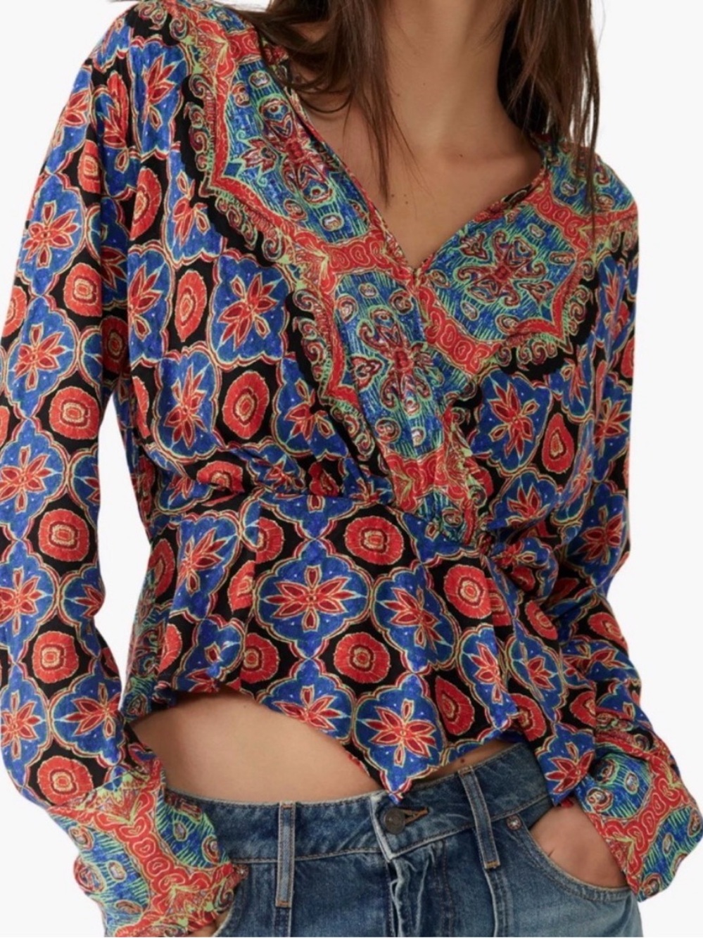 Free People Floral V-Neck Long Sleeve Button Blouse Blue Red Black Size M